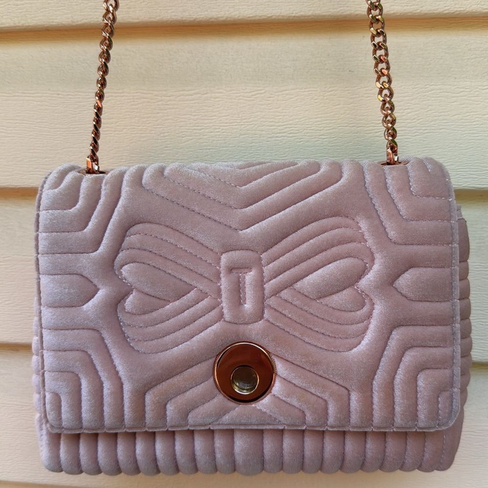 Ted Baker Pink Velour Quilted Crossbody Bag with Rose Gold Chain, Magnet Closure